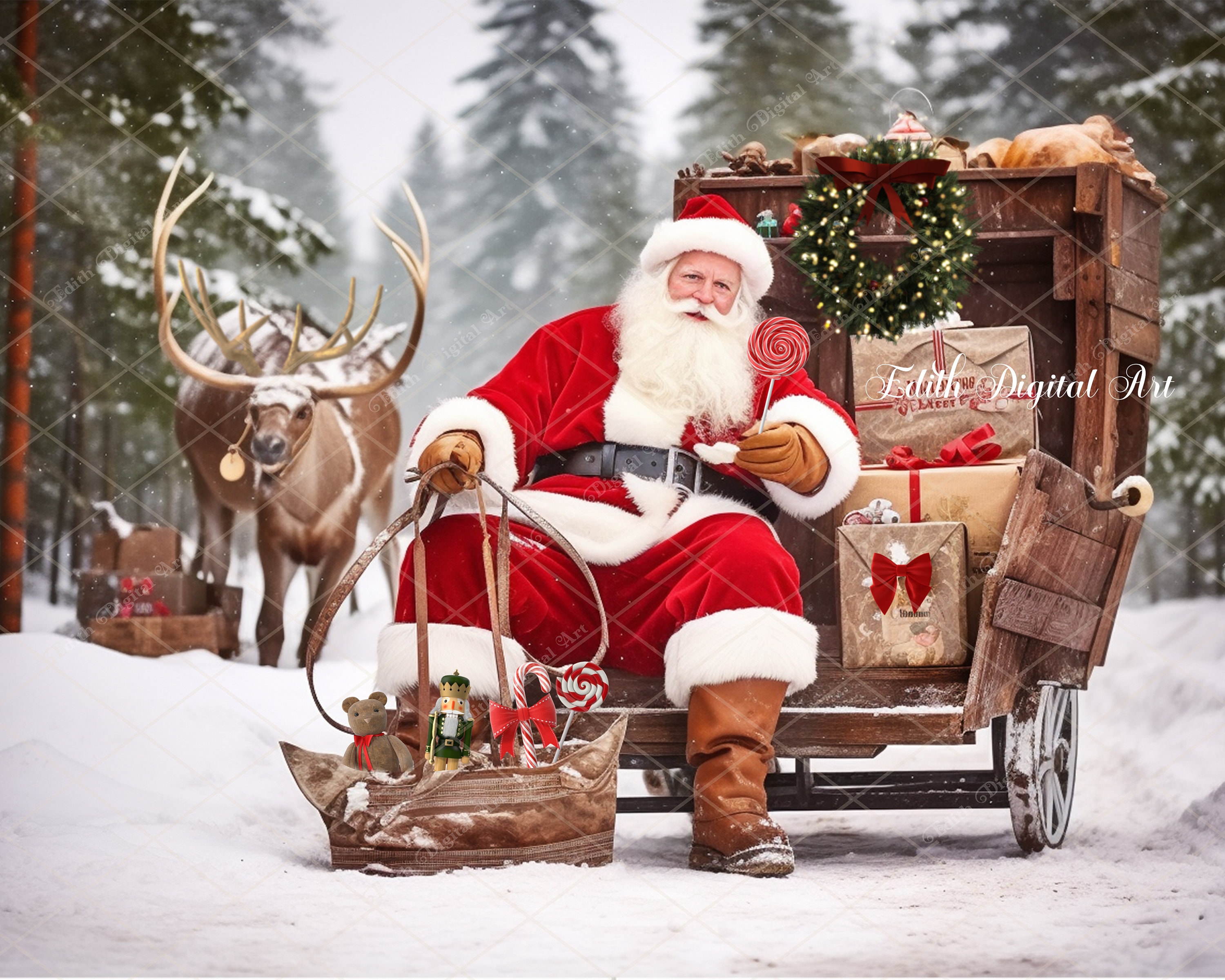 Schwarzer Weihnachtsmann-Hintergrund Für Fotos – Afroamerikanischer Santa Mit Rentier & Baum – Fotobanner Für Party & Dekoration