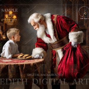 May include: A digital background featuring Santa Claus in a red velvet suit with white fur trim, holding a large red sack. A young boy in a white shirt sits at a table with cookies. The table has a patterned red tablecloth. The text "EDITH DIGITAL ART" is visible.