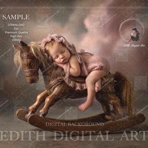 Pode incluir: Uma menina bebê dorme em um cavalinho de balanço. O cavalo é feito de madeira e tem um acabamento de pintura marrom e branco. A menina está usando um vestido rosa e tem uma faixa de cabelo rosa na cabeça.