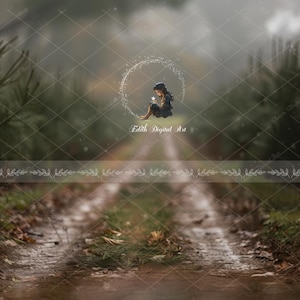 May include: A young girl sits in a glowing circle in a misty forest. The girl is holding a star and the circle is surrounded by a soft glow. The forest is dark and mysterious, with tall trees and a dirt path leading into the distance.