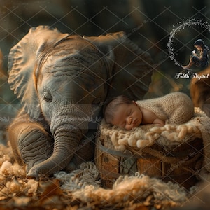 May include: A baby is sleeping soundly in a woven basket, nestled beside a baby elephant. The basket is perched on a wooden stump, surrounded by brown leaves and twigs. The scene is bathed in a soft, golden light.