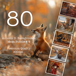 May include: A collection of 80 autumn-themed digital backgrounds. The backgrounds feature a variety of scenes, including a red fox sitting in the woods, a girl in a red dress standing in a forest, and a girl riding a motorcycle in a forest. The backgrounds are perfect for adding a touch of autumn to your digital projects.