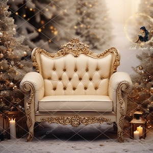 Christmas Digital Backdrop Photography,  Outdoor Christmas Tree Farm, A Portrait Chair on Snow Winter Forest, Christmas Background Digital 3