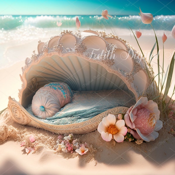 Mermaid Bed Shell on Beach Digital Backdrop, Newborn Background Photography, Fantasy Toddler Backdrop Composite, Shell Bed on Sand Overlay.
