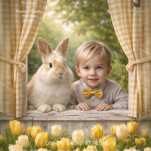 May include: A digital background featuring a young child and a rabbit looking out a window. The child wears a yellow bow tie and the window is framed by yellow curtains. Yellow tulips bloom in the foreground. Text on the image reads "SAMPLE" and "EDITH DIGITAL ART".
