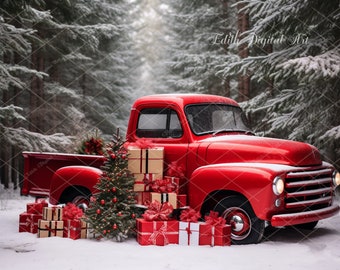 Christmas Digital Backdrop Photography Composite, Christmas Red Truck on Snow Forest, Christmas Digital Background Portrait Outdoor Overlay