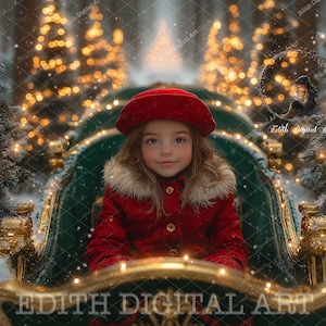 Christmas Sleigh Digital Backdrop, Santa&#39;s Sleigh Background, Holiday Composites, Christmas Tree Path, Snow Winter Woodlands, Kids & Pets