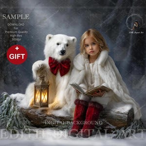 Peut inclure: Une jeune fille en manteau de fourrure blanc et bottes rouges est assise avec un ours polaire portant un nœud papillon rouge. L'ours tient une lanterne. La fille lit un livre sur une bûche enneigée.