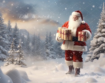 Santa Backdrop Photography, Santa Holding a Gift, Snow Winter Background, Holiday Backdrop Overlay, Santa on Snow Forest, Christmas Digital