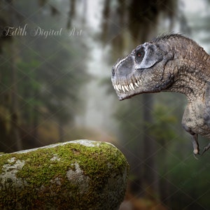Dinosaur Digital Backdrop for Kids Photography, T-Rex Background Photoshop Composite. Sitting with Dino at Jurassic Forest.