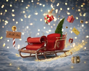May include: A red sleigh with a wooden base and gold accents sits on a snowy surface. The sleigh is decorated with a green Christmas tree and a sign that reads "North Pole". The sleigh is surrounded by sparkling lights and presents.