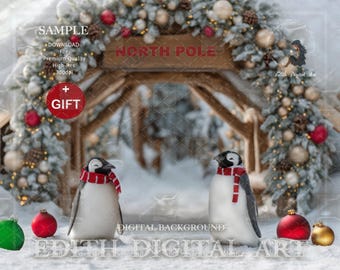 Christmas Digital Backdrop, North Pole Arch Entrance With Penguins, Background Photo Composite For Kids & Pets  + Snow Overlay.  Download