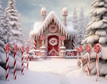 Christmas Digital Backdrop Photography, Enchanted Sweet Candycane Village Background, Fantasy Christmas Overlay Backdrop for Kids, Toddlers