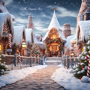 Christmas Village Background Photography, Christmas Digital Backdrop Composite, Christmas Digital Background, Magical Snow Village Template