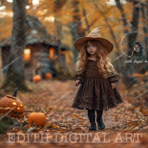 May include: A young girl dressed in a brown dress and a witch hat walks through a forest path. The path is covered in fallen leaves. There are two jack-o'-lanterns on the path, one lit and one unlit.