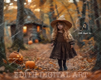 Halloween Digital Backdrop Composites, Pumpkin Road, Autumn Path, Witch House, Fall Forest, Autumn Woodland Background Photography Download