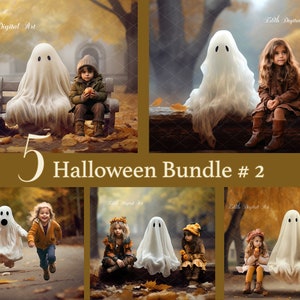 Puede incluir: Cinco imágenes digitales de Halloween con niños disfrazados con un fantasma blanco. Las imágenes están ambientadas en un bosque de otoño con hojas otoñales.