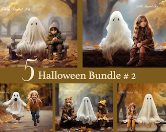 Halloween Backdrop Digital, Bundle Of 5 Halloween Ghost Background Photography Composite, Printable Cute Set of Ghost On Autumn Forest