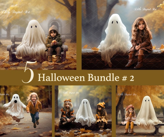 Halloween Backdrop Digital, Bundle Of 5 Halloween Ghost Background Photography Composite, Printable Cute Set of Ghost On Autumn Forest