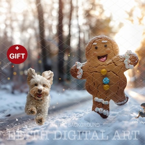 Fotografía digital navideña divertida para niños y mascotas: pan de jengibre corriendo en un bosque nevado invernal, retrato al aire libre, composición navideña