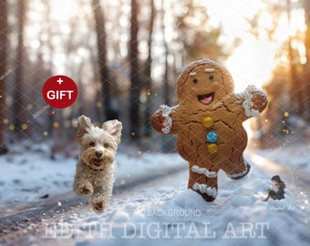 Fun Christmas Digital Backdrop Photography for Kids and Pets, Running Gingerbread at Snow Winter Forest, Outdoors Portrait, Xmas Composite