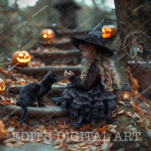 Photographie numérique de toile de fond d'Halloween, chat noir de sorcière, bois d'étapes de jardin d'Halloween, route de maison de sorcière, téléchargements de portraits fantastiques d'enfants