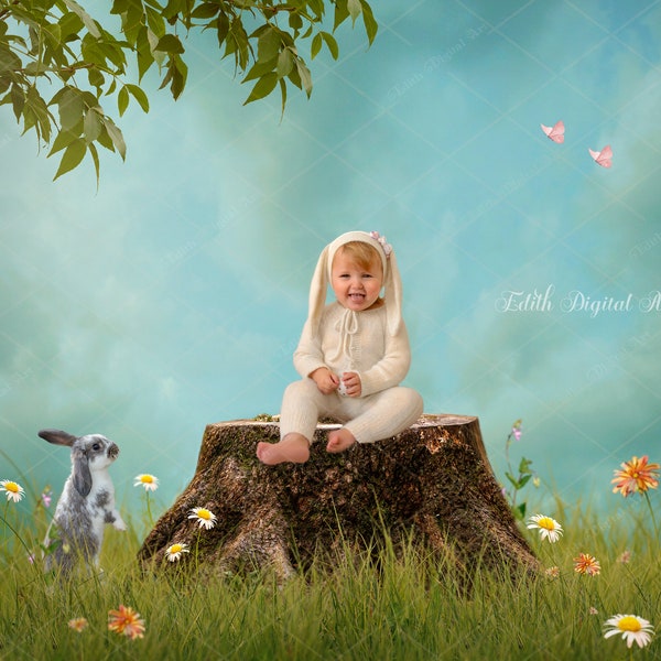 Easter Bunny Digital Backdrop, Spring Background, Whimsical Field Photography for Photoshop Composite, Wood Seesaw On  Floral Garden