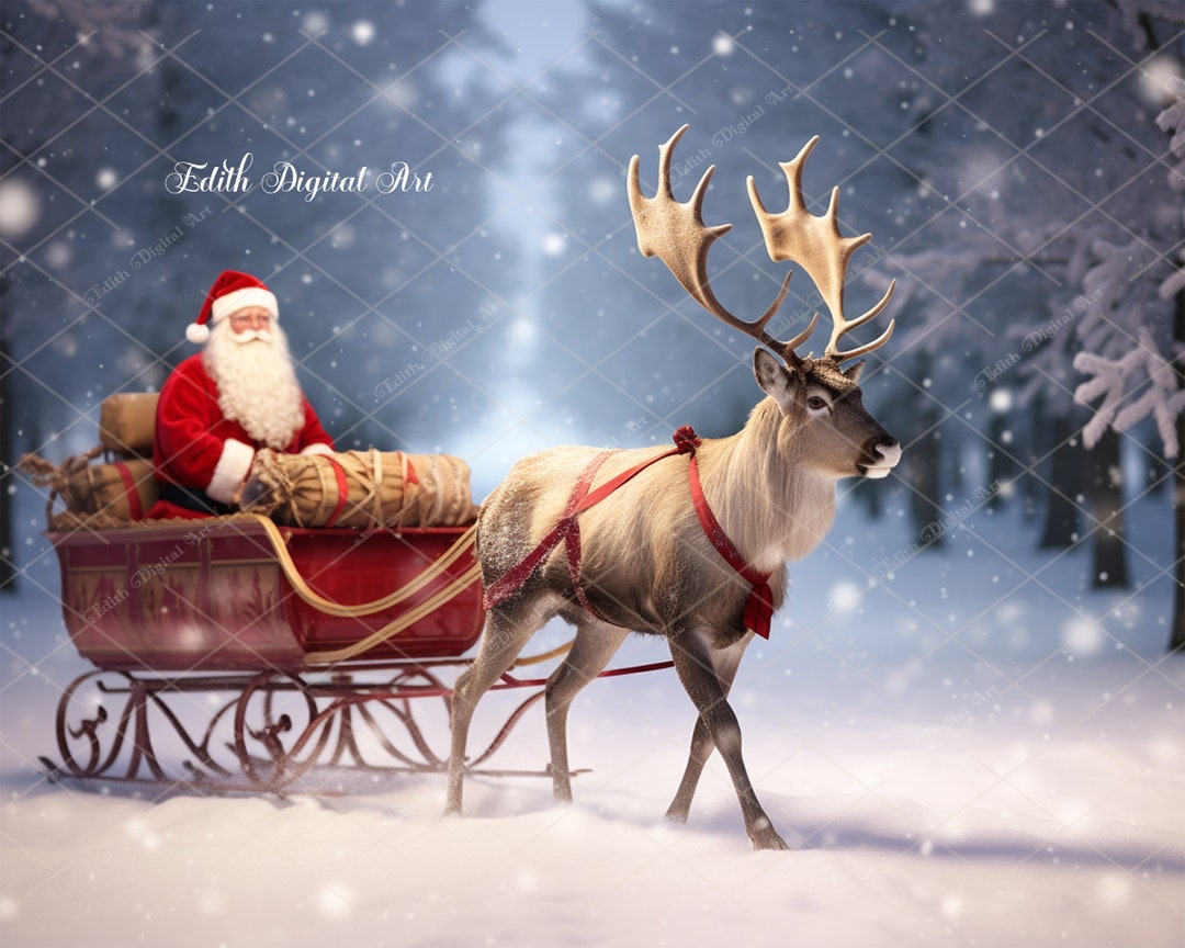 Santa on Sleigh and Reindeer Background Photography Christmas - Etsy