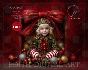 Digital Christmas Backdrop For Photography Composites. Magical Christmas Gift Box With Ornaments, Photo Prop Background, Instant Download