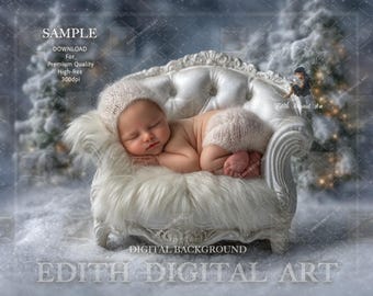Newborn Photography Digital Backdrop, White Chair Photo Prop For Baby & Pets Portraits, Snow Winter, Christmas Studio Background Composite