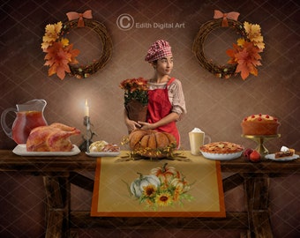 Composite d’arrière-plan numérique de Thanksgiving, photographie de toile de fond numérique pour enfants, toile de fond d’automne pour tout-petits, toile de fond de table de dîner de Thanksgiving.