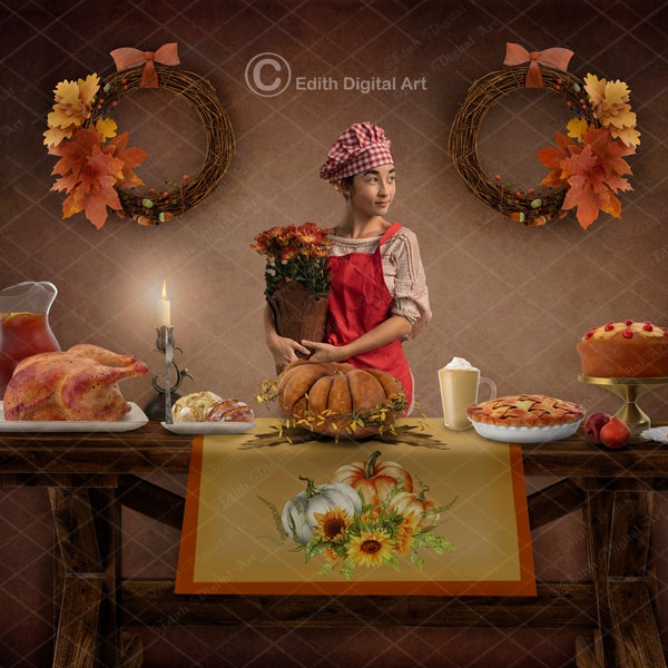 Thanksgiving Digital Background Composite, Kids Digital Backdrop Photography, Toddler Autumn Backdrop, Thanksgiving Dinner Table Backdrop.