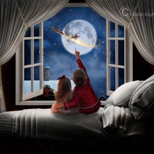 Christmas Digital Backdrop Background, Holiday Christmas Window With Santa in Moon, Christmas Scene Photography Photoshop Composite for kids