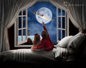 Weihnachten Digitaler Hintergrund Hintergrund, Feiertags-Weihnachtsfenster mit Weihnachtsmann im Mond, Weihnachtsszenen-Fotografie Photoshop Verbundstoff für Kinder