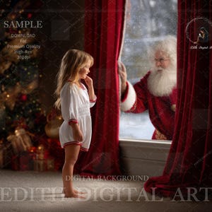 Christmas Digital Backdrop, Christmas Window With Santa,Holiday Children Photography Composites, Fine Art Studio Digital Background Download