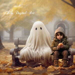 May include: A white ghost and a child wearing a brown hat and jacket sit on a wooden bench in a foggy forest setting. The child is holding a red apple. The text "Edith Digital Art" is visible in the background.
