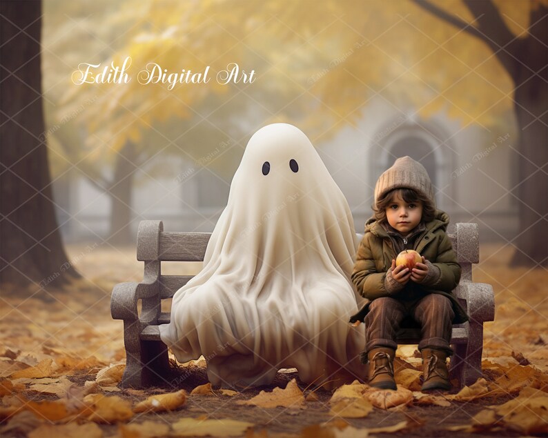 May include: A white ghost and a child wearing a brown hat and jacket sit on a wooden bench in a foggy forest setting. The child is holding a red apple. The text "Edith Digital Art" is visible in the background.
