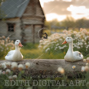 Spring Digital Backdrop Composite, Easter Digital Background Photography, Duck, Log Bench, Farm Blossom Field, Nature Outdoors Photoshoot.