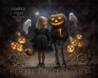 Halloween Digital Backdrop, Jack O Lantern Pumpking Monster, Dark Spooky Forest Road, Haunted Background, Fun Halloween Portrait. Download