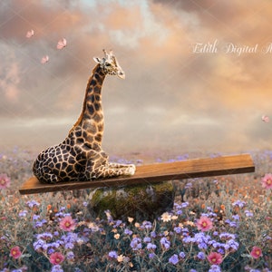 Fairytale Digital Backdrop for kids, Enchanted Background for Toddler, Giraffe Photography Composite for Children, Spring Photoshop Overlay