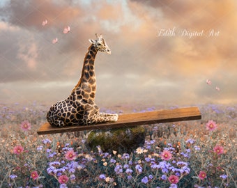 Fairytale Digital Backdrop for kids, Enchanted Background for Toddler, Giraffe Photography Composite for Children, Spring Photoshop Overlay