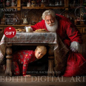 Puede incluir: Un fondo digital con Papá Noel con un traje rojo y un niño con pijama rojo. Una mesa con galletas y leche. El texto "SAMPLE" y "GIFT" es visible.