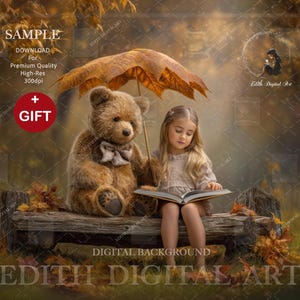 Peut inclure: Une jeune fille lit un livre sur un banc en bois, abritée par un grand parapluie en feuille tenu par un ours en peluche. La scène se déroule dans une forêt d'automne aux tons chauds et dorés.