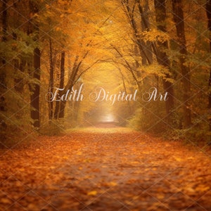 May include: A path through a woodland with golden leaves in autumn. The path is lined with trees and the light shines through the branches.