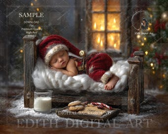 Fondo digital vintage navideño para recién nacidos, accesorio de fotografía de cama rústica para retratos de bebés y mascotas, fondo de fotografía navideña compuesto.