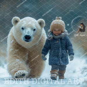 Polar Bear Digital Backdrop Photography, Snow Winter Woodlands Road, Bear Composite, Fantasy  Outdoors Kids Portrait + Free Snow Overlay. 2