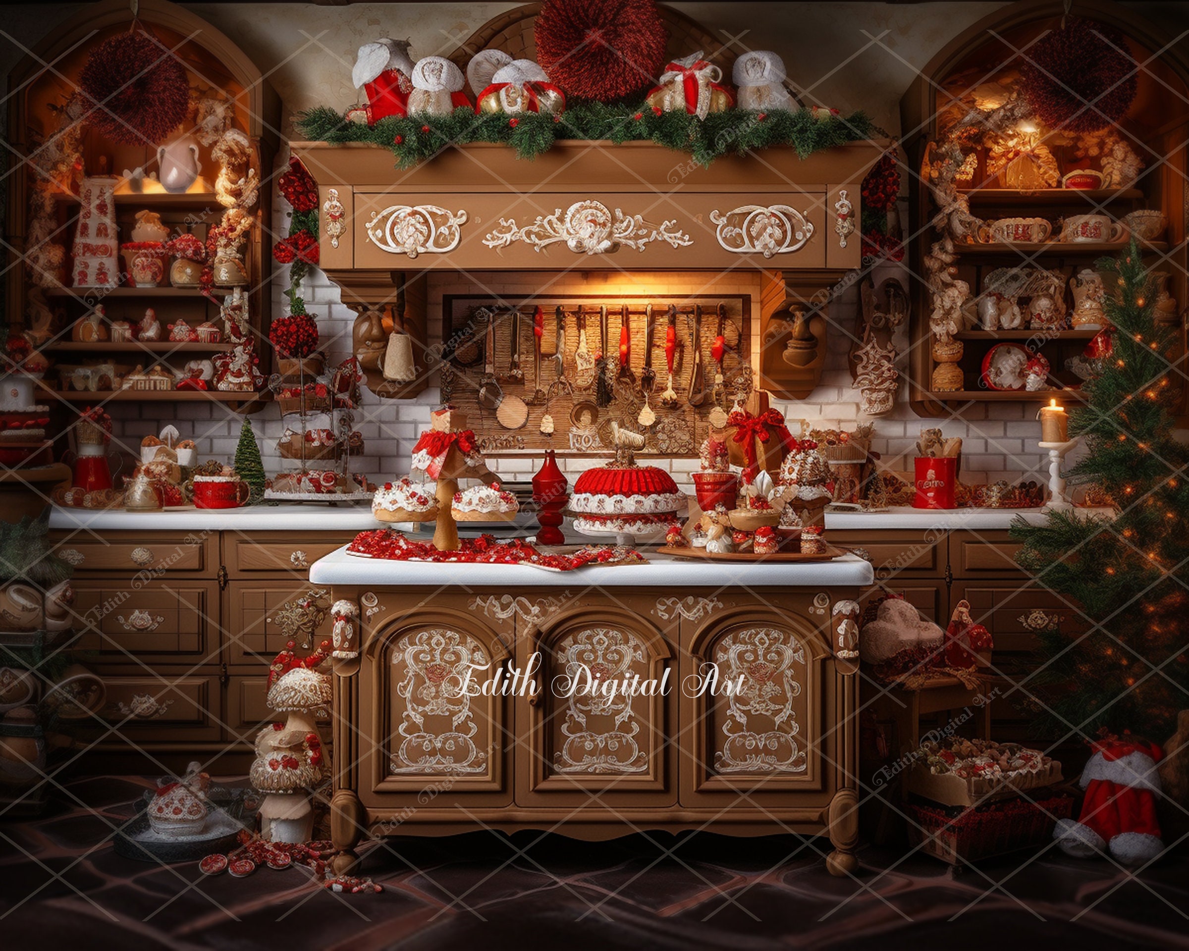 Weihnachtlicher Fotohintergrund – 270x180 Cm, Vinyl, Mit Weißem Schrank, Rotem Geschirr & Kieferndekor Für Weihnachtsfotos, Studio Oder Party