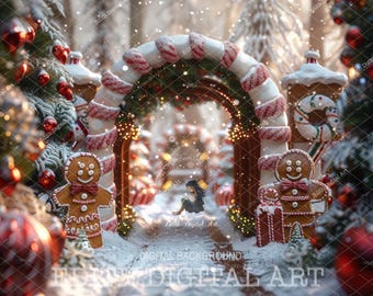 CandyCane Arch Backdrop Digital Photography, Festive Gingerbread Path, North Pole Road, Candyland Digital Background Composite, Kids & Pets