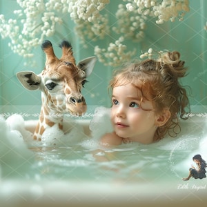 May include: A young girl with curly red hair takes a bath with a baby giraffe in a white bathtub. The bathtub is filled with bubbles and water. The background is a light green wall with white flowers.