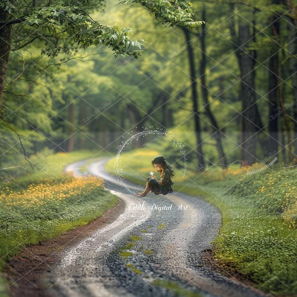 Green Forest Road Digital Backdrop Photography Background Composite Digital Download Nature Summer Outdoors Portrait. Creative Photoshop